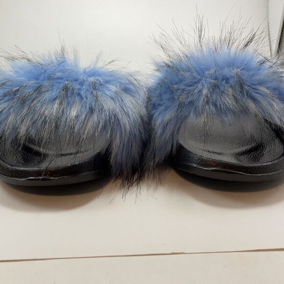 Faux Fox Fur Slides/Slippers Women's US 7.5-8 Light Blue Fuzzy Fluffy Flat Soft - Picture 10 of 15